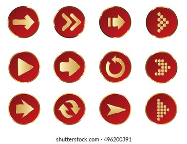 Arrow vector 3d button icon set red color on white background. Isolated interface line symbol for app, web and music digital illustration design. Application sign element collection.