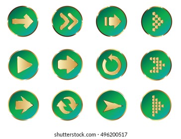 Arrow vector 3d button icon set green color on white background. Isolated interface line symbol for app, web and music digital illustration design. Application sign element collection.