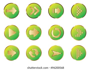 Arrow vector 3d button icon set green color on white background. Isolated interface line symbol for app, web and music digital illustration design. Application sign element collection.