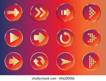 Arrow vector 3d button icon set red color on purple background. Isolated interface line symbol for app, web and music digital illustration design. Application sign element collection.