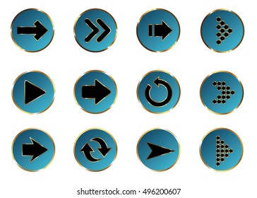 Arrow vector 3d button icon set blue color on white background. Isolated interface line symbol for app, web and music digital illustration design. Application sign element collection.