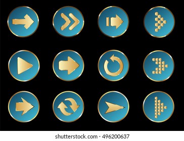 Arrow vector 3d button icon set blue color on black background. Isolated interface line symbol for app, web and music digital illustration design. Application sign element collection.