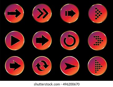 Arrow vector 3d button icon set red color on black background. Isolated interface line symbol for app, web and music digital illustration design. Application sign element collection.