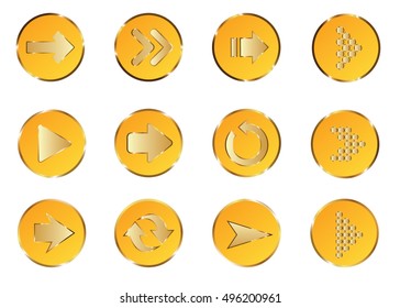 Arrow vector 3d button icon set yellow color on white background. Isolated interface line symbol for app, web and music digital illustration design. Application sign element collection.