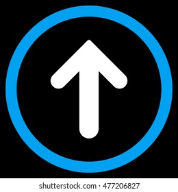 Arrow Up vector bicolor rounded icon. Image style is a flat icon symbol inside a circle, blue and white colors, black background.
