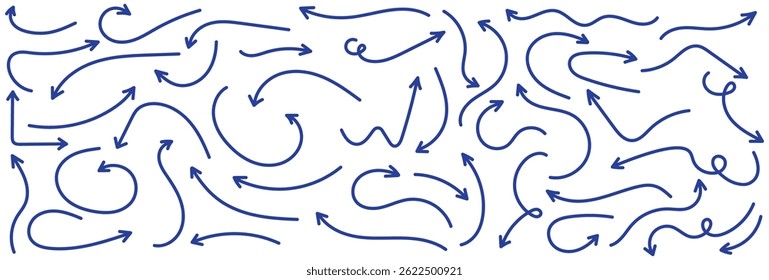  Conjunto de iconos de boceto dibujado a mano azul de Vector de flecha. Conjunto de elementos de dirección azul dibujado de boceto de Doodle. Elementos de Diseño gráfico de línea de doodle de lápiz. Fondo de flecha de dirección manuscrita. Ilustración vectorial.