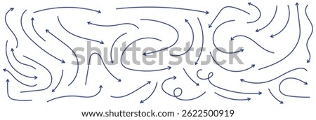  Arrow vector blue hand drawn sketch icon set. Doodle sketch drawn blue direction element set. Pencil doodle line graphic design elements. Handwritten direction arrow background. Vector illustration.
