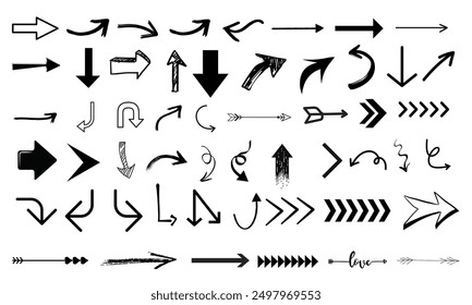 Arrow Vector Collection: A curated set of arrow icons, showcasing a variety of sleek and trendy designs. Featuring an array of directional arrows, this collection offers a versatile selection of black