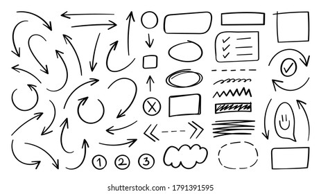 Doodle vectorial de flecha. Diseño de flechas dibujadas a mano para el plan de negocios y la educación.