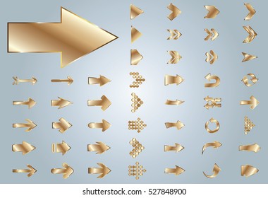 Arrow vector gold curve line up 3d button icon set interface symbol for app, web and music digital illustration design. Application isolated flat digital sign collection on grey background