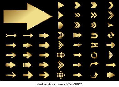 Arrow vector gold curve line up 3d button icon set interface symbol for app, web and music digital illustration design. Application isolated flat digital sign collection on black background
