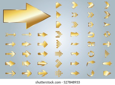 Arrow vector gold curve line up 3d button icon set interface symbol for app, web and music digital illustration design. Application isolated flat digital sign collection on grey background