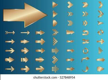 Arrow vector gold curve line up 3d button icon set interface symbol for app, web and music digital illustration design. Application isolated flat digital sign collection on blue background