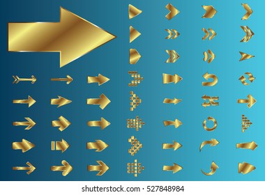 Arrow vector gold curve line up 3d button icon set interface symbol for app, web and music digital illustration design. Application isolated flat digital sign collection on blue background