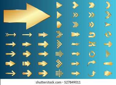 Arrow vector gold curve line up 3d button icon set interface symbol for app, web and music digital illustration design. Application isolated flat digital sign collection on blue background