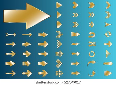 Arrow vector gold curve line up 3d button icon set interface symbol for app, web and music digital illustration design. Application isolated flat digital sign collection on blue background