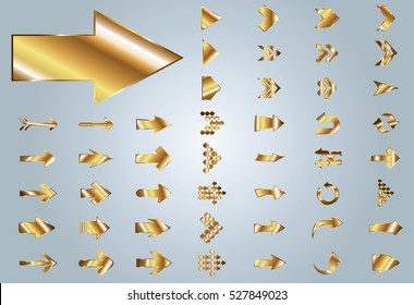 Arrow vector gold curve line up 3d button icon set interface symbol for app, web and music digital illustration design. Application isolated flat digital sign collection on grey background