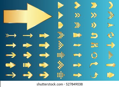 Arrow vector gold curve line up 3d button icon set interface symbol for app, web and music digital illustration design. Application isolated flat digital sign collection on blue background