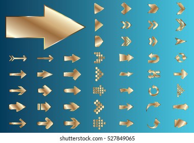 Arrow vector gold curve line up 3d button icon set interface symbol for app, web and music digital illustration design. Application isolated flat digital sign collection on blue background