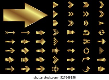 Arrow vector gold curve line up 3d button icon set interface symbol for app, web and music digital illustration design. Application isolated flat digital sign collection on black background