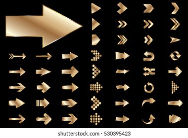 Arrow vector gold curve line up 3d button icon set interface symbol for app, web and music digital illustration design. Application isolated flat digital sign collection on black background
