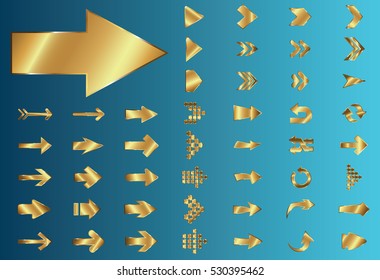Arrow vector gold curve line up 3d button icon set interface symbol for app, web and music digital illustration design. Application isolated flat digital sign collection on blue background