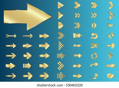 Arrow vector gold curve line up 3d button icon set interface symbol for app, web and music digital illustration design. Application isolated flat digital sign collection on blue background