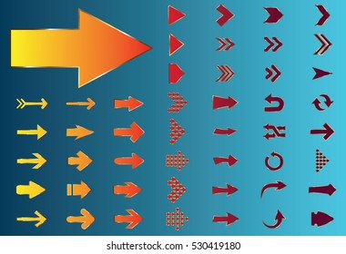 Arrow vector gold curve line up 3d button icon set interface symbol for app, web and music digital illustration design. Application isolated flat sign collection on blue background