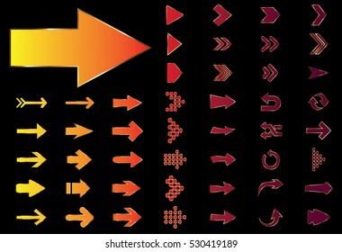 Arrow vector gold curve line up 3d button icon set interface symbol for app, web and music digital illustration design. Application isolated flat sign collection on blue background