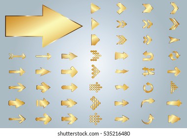 Arrow vector gold curve line up 3d button icon set interface symbol for app, web and music digital illustration design. Application isolated flat sign collection on grey background