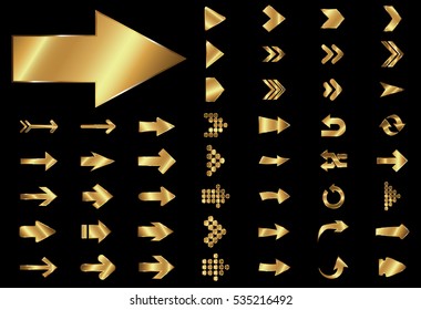 Arrow vector gold curve line up 3d button icon set interface symbol for app, web and music digital illustration design. Application isolated flat sign collection on black background