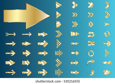 Arrow vector gold curve line up 3d button icon set interface symbol for app, web and music digital illustration design. Application isolated flat sign collection on blue background