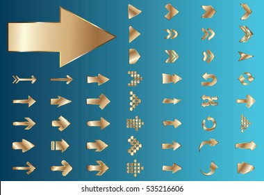 Arrow vector gold curve line up 3d button icon set interface symbol for app, web and music digital illustration design. Application isolated flat sign collection on blue background