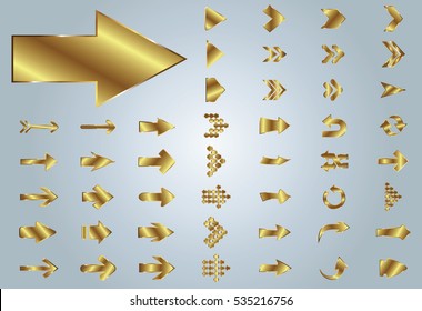 Arrow vector gold curve line up 3d button icon set interface symbol for app, web and music digital illustration design. Application isolated flat sign collection on grey background
