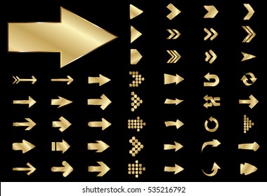 Arrow vector gold curve line up 3d button icon set interface symbol for app, web and music digital illustration design. Application isolated flat sign collection on black background