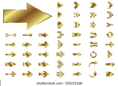 Arrow vector gold curve line up 3d button icon set interface symbol for app, web and music digital illustration design. Application isolated flat sign collection on white background