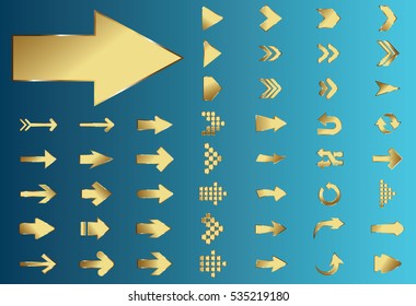 Arrow vector gold curve line up 3d button icon set interface symbol for app, web and music digital illustration design. Application isolated flat sign collection on blue background