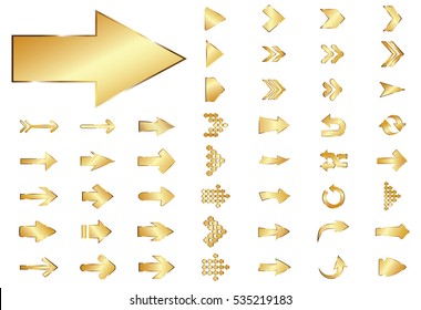 Arrow vector gold curve line up 3d button icon set interface symbol for app, web and music digital illustration design. Application isolated flat sign collection on white background