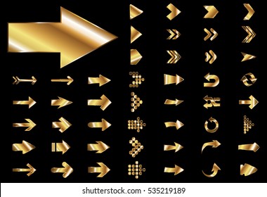 Arrow vector gold curve line up 3d button icon set interface symbol for app, web and music digital illustration design. Application isolated flat sign collection on black background