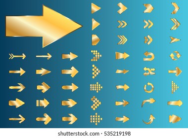 Arrow vector gold curve line up 3d button icon set interface symbol for app, web and music digital illustration design. Application isolated flat sign collection on blue background