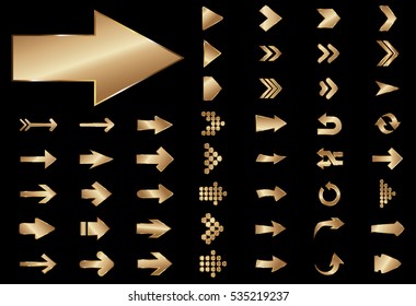 Arrow vector gold curve line up 3d button icon set interface symbol for app, web and music digital illustration design. Application isolated flat sign collection on black background