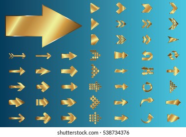 Arrow vector gold curve line up 3d button icon set interface symbol for app, web and music digital illustration design. Application isolated flat sign collection on blue background