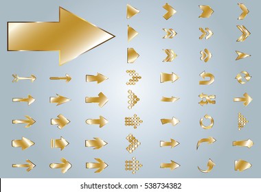 Arrow vector gold curve line up 3d button icon set interface symbol for app, web and music digital illustration design. Application isolated flat sign collection on grey background