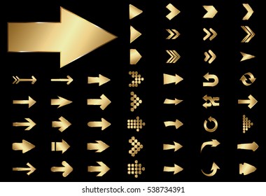 Arrow vector gold curve line up 3d button icon set interface symbol for app, web and music digital illustration design. Application isolated flat sign collection on black background