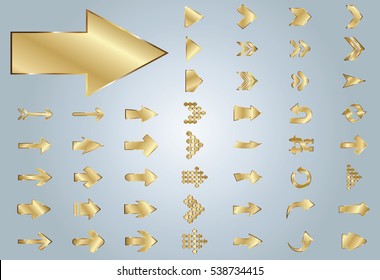 Arrow vector gold curve line up 3d button icon set interface symbol for app, web and music digital illustration design. Application isolated flat sign collection on grey background