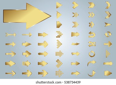 Arrow vector gold curve line up 3d button icon set interface symbol for app, web and music digital illustration design. Application isolated flat sign collection on grey background