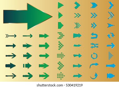 Arrow vector green curve line up 3d button icon set interface symbol for app, web and music digital illustration design. Application isolated flat sign collection on gold background