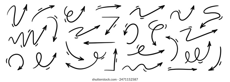 Conjunto de Vectores de flecha dibujados a mano. Conjunto de elementos de dirección dibujados a mano del boceto Doodle. Elementos de dibujos animados de diseño plano de garabato de lápiz. Signo de flecha de remolino garabato. Ilustración vectorial.