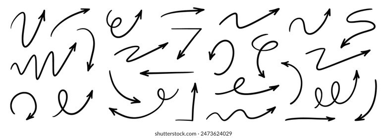 Arrow vector hand drawn sketch icon set. Doodle sketch hand drawn black direction element set. Pencil doodle line graphic design elements. Left, right, growth direction arrow. Vector illustration
