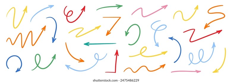 Arrow vector hand drawn sketch icon set. Doodle sketch hand drawn color direction element set. Color doodle line graphic design elements. Left, right, growth direction arrow. Vector illustration